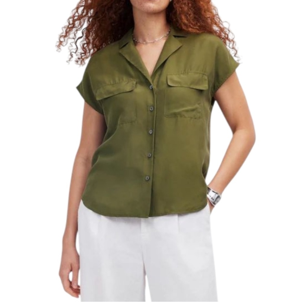 NWT Madewell Washable Silk Drapey Patch Pocket Sleeveless Shirt Loden Green Sz S